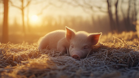 This captivating image showcases a young piglet blissfully sleeping on a bed of straw, illuminated by the soft glow of a sunset. The serene atmosphere captures the essence of farm life and tranquility, evoking feelings of warmth and innocence.の素材