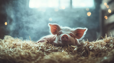A charming piglet rests comfortably on a bed of straw, basking in soft light and surrounded by gentle bokeh, evoking feelings of tranquility and warmth in a cozy farm environment.の素材