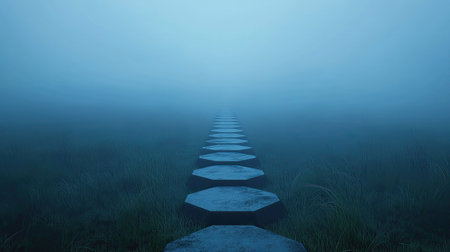 A serene pathway composed of hexagonal stones leads through a thick fog, inviting exploration into a tranquil and mysterious landscape filled with soft grass.の素材