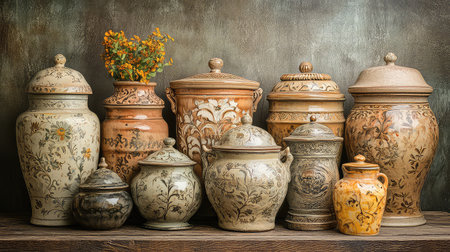 A stunning collection of handcrafted decorative pottery vases showcasing intricate designs and textures, perfect for enhancing any interior space.の素材