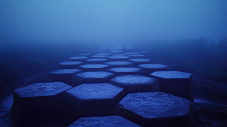 A mesmerizing hexagonal pathway leads through a thick mist, creating a mysterious and surreal atmosphere. The scene invites exploration and introspection.の素材