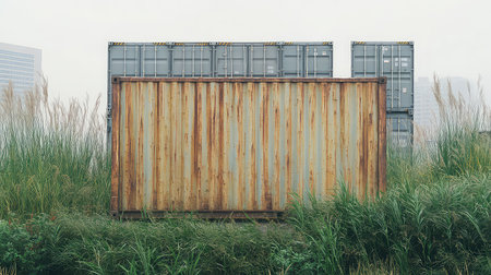 A weathered shipping container with rustic appeal stands prominently amidst tall grass in an urban landscape, evoking themes of nature and industry.の素材