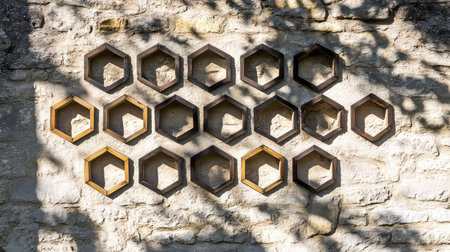 Unique installation of hexagonal shelves mounted on a stone wall creates a striking visual effect. Ideal for showcasing creative ideas in home decor.の素材