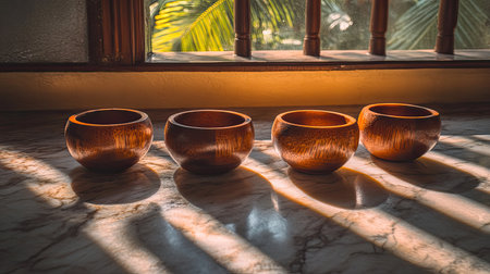 Four beautifully crafted wooden bowls sit elegantly on a polished marble surface, illuminated by soft sunlight filtering through a window, casting gentle shadows.の素材
