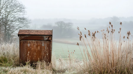 A rustic metal box stands in a foggy landscape, surrounded by frosty grass and delicate reeds. The serene scene captures the essence of tranquility in nature.の素材