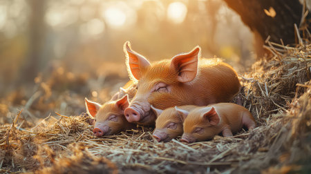 A serene scene depicting a mother pig and her adorable piglets resting together on warm straw in soft sunlight, capturing a moment of tranquility and family bond on the farm.の素材