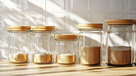 This image showcases a charming lineup of glass storage jars with wooden lids arranged on a kitchen countertop, beautifully illuminated by sunlight.の素材