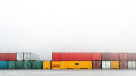 A visually striking image features a variety of colorful shipping containers stacked neatly in a foggy port environment, creating a serene yet industrial atmosphere.の素材