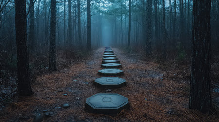 A serene, foggy pathway leads through a dense forest, featuring stone stepping stones amidst pine needles on the ground, invoking a sense of tranquility and mystery.の素材