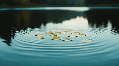 A serene image showcasing yellow petals floating on a calm lake surface, surrounded by gentle ripples and reflections of nature at dusk. Perfect for peaceful themes.の素材