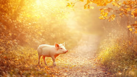 A charming piglet strolls along a sunlit pathway, surrounded by vibrant autumn leaves, creating a serene and tranquil atmosphere in nature.の素材