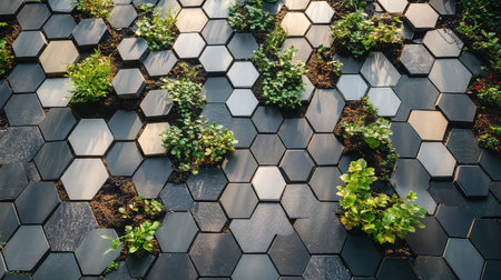 This image showcases modern hexagonal paving tiles arranged with vibrant green plants. The design illustrates an innovative blend of nature and urban aesthetics.の素材