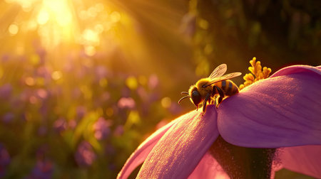 A stunning close-up image of a bee resting on a vibrant purple flower, illuminated by soft sunlight, showcasing the beauty of nature in a tranquil garden setting.の素材