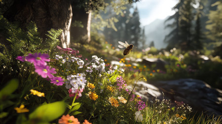 A serene landscape showcases a vibrant meadow filled with colorful flowers, while a busy bee hovers, highlighting nature's beauty and pollination.の素材