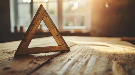 A wooden triangle ruler sits prominently on a rustic table, illuminated by soft natural sunlight streaming through nearby windows, creating a warm and inviting atmosphere.の素材