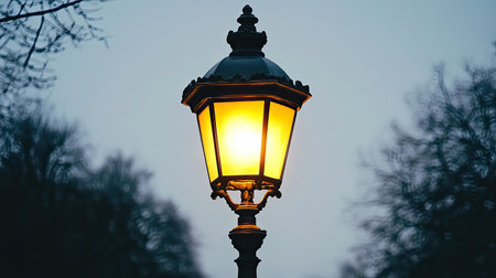 A beautifully crafted vintage street lamp emits a warm glow at dusk, surrounded by the dark outlines of trees, creating a tranquil atmosphere perfect for evening strolls.の素材