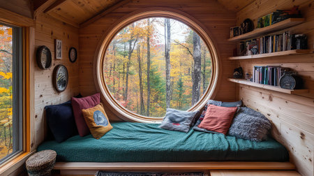 This cozy nook features a rounded window that frames a picturesque autumn landscape, inviting warmth and tranquility into a rustic wooden cabin space.の素材