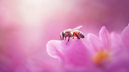 A stunning close-up captures a honey bee diligently collecting pollen from a soft pink flower, highlighting the intricate details of nature's beauty.の素材