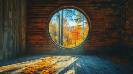 A captivating autumn scene viewed through a round window showcasing vibrant foliage and sunlit trees, framed by rustic wooden walls and fallen leaves.の素材