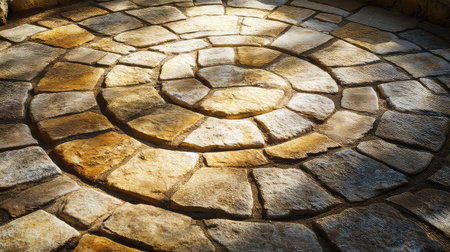 This captivating image showcases a beautifully arranged stone pathway featuring a circular design. The warm natural light highlights the textures, creating an inviting atmosphere for outdoor spaces. Ideal for artistic and landscaping projects.の素材