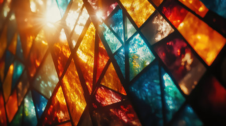 This stunning stained glass window features vibrant colors and intricate patterns that interact beautifully with sunlight, creating a mesmerizing display of light.の素材