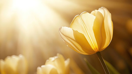 A stunning close-up of a yellow tulip in full bloom, illuminated by soft sunlight rays, showcasing the beauty and vibrancy of nature in spring.の素材