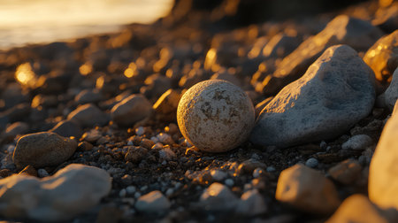 A close-up view of a smooth pebble and a round stone resting on a sandy beach, illuminated by soft golden sunset light, creating a tranquil atmosphere.の素材