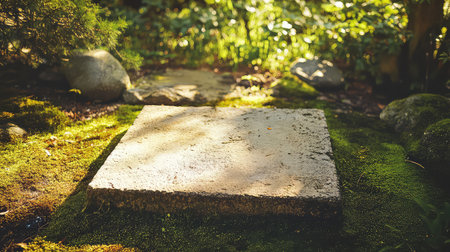 A serene stone platform rests on lush green moss in this tranquil garden scene. Sunlight filters through trees, creating a peaceful atmosphere perfect for reflection.の素材