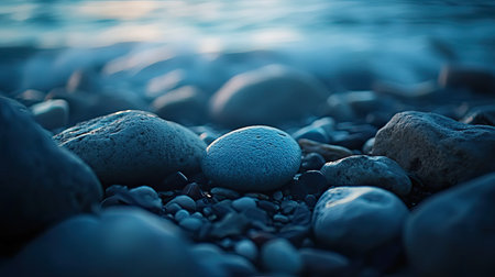A captivating close-up of smooth pebbles resting on a beach, surrounded by gentle waves and soft evening light. Perfect for nature and tranquility themes.の素材
