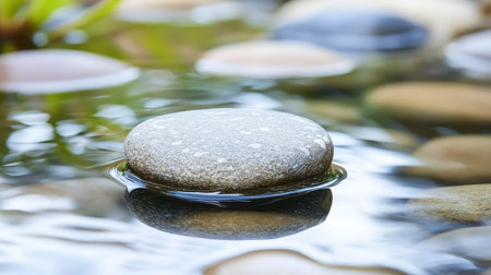 A close-up view of smooth pebbles resting gently on the surface of calm water, capturing the serene beauty of nature and promoting relaxation.の素材