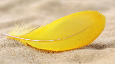 This stunning image features a vibrant yellow feather resting gently on soft sand, showcasing the delicate textures and bright colors found in nature.の素材