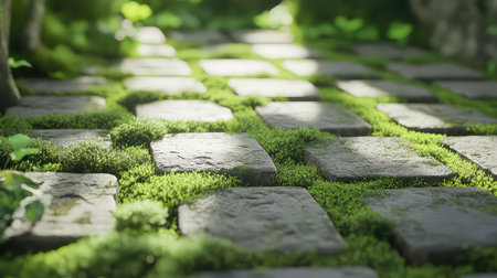 A serene scene featuring a stone pathway enveloped in vibrant green moss, showcasing the beauty of nature and inviting tranquility in outdoor settings.の素材