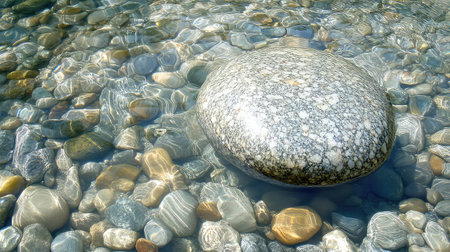 A smooth rounded stone sits gracefully in clear water, surrounded by an array of small pebbles. The gentle ripples create a serene atmosphere, perfect for nature lovers.の素材