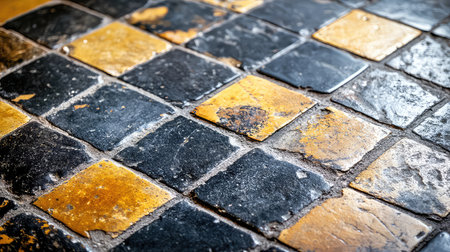An image showcasing a textured floor with vintage tiles in black and yellow shades, ideal for interior design, home renovation, or artistic inspiration.の素材