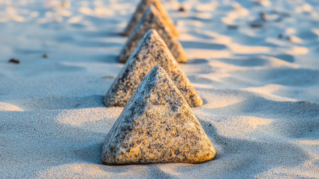 A stunning image of a triangular stone formation on a sandy beach, captured during sunset, showcasing warm light and soft shadows that evoke peace and tranquility.の素材