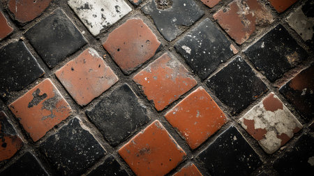 A close-up view of rustic vintage floor tiles showcasing a unique black and red color arrangement with visible wear and textures, evoking charm and history.の素材