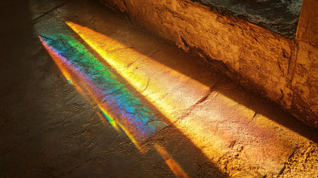 A beautiful scene showcasing sunlight reflecting off a textured floor, creating vibrant rainbow patterns that enhance the indoor atmosphere.の素材