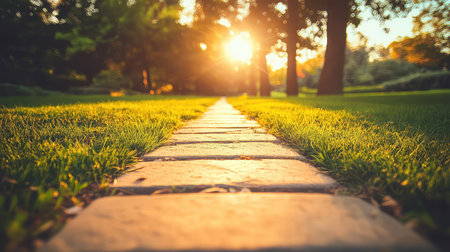 A tranquil view of a stone pathway winding through vibrant green grass, illuminated by warm sunlight during dusk, capturing the essence of nature's beauty.の素材