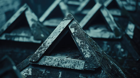 This image features weathered triangular rooftops with intricate textures of moss and grime, capturing a mood of decay in an urban setting.の素材