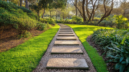 A picturesque garden pathway is lined with smooth stones, surrounded by vibrant greenery and gentle sunlight, offering a tranquil outdoor escape.の素材