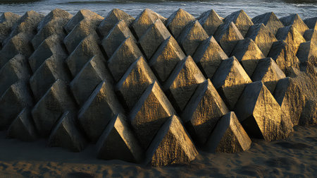 This captivating image showcases unique geometric rock formations on a shoreline during sunset. Rich textures and intricate shadows create a serene atmosphere.の素材