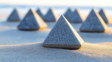 This artistic image features pyramid structures made of stone on a sandy beach, illuminated by soft natural light at sunrise, creating a serene atmosphere.の素材