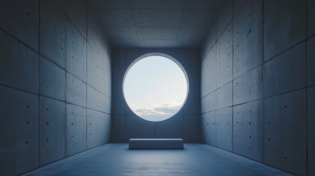 This image showcases a minimalist interior design characterized by a large circular window that frames a serene outdoor view, highlighting modern concrete architecture.の素材