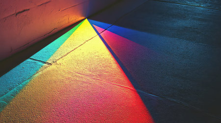 This image showcases a stunning play of colorful light reflecting on a concrete floor, creating a unique and vibrant geometric pattern. The vivid hues add an artistic touch to an indoor space, enhancing its aesthetic appeal.の素材