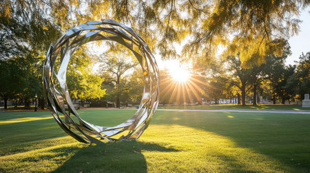 A striking abstract metal sculpture stands in a lush green park, illuminated by the warm rays of the setting sun, creating a tranquil and artistic atmosphere.の素材