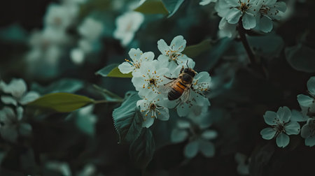 A close-up image showcases a honeybee engaged in pollination on a delicate white blossom, surrounded by lush green leaves. The soft focus background emphasizes the beauty of nature, creating a serene and vibrant atmosphere, ideal for themes of ecology and wildlife.の素材