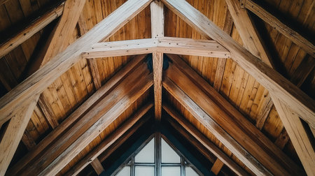 This image showcases the intricate details of a wooden ceiling, featuring beams and trusses that create a spacious, inviting atmosphere filled with natural light.の素材