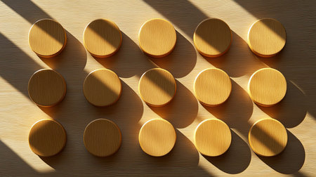 This image showcases a captivating arrangement of circular wooden discs casting long shadows on a light surface, presenting a serene and minimalistic aesthetic.の素材