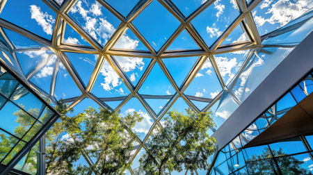 This image captures a breathtaking geometric architecture featuring expansive glass panels that reveal a bright blue sky and lush green trees.の素材