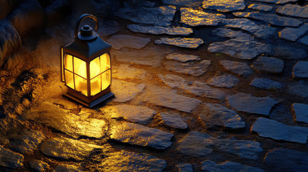 A beautifully illuminated lantern rests on a cobblestone pathway, casting a warm glow and creating a serene atmosphere in a mystical nighttime setting.の素材